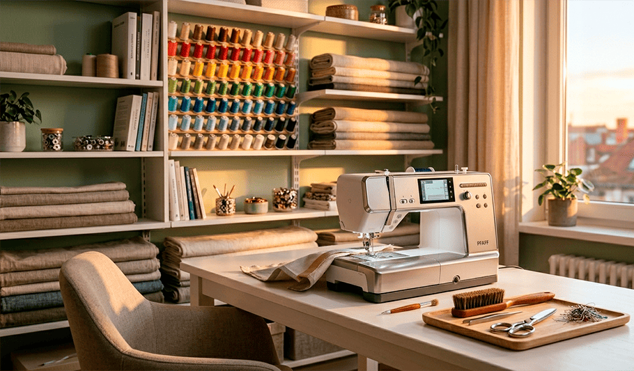 рабочее место швеи дома для работы на профессиональной швейной машине